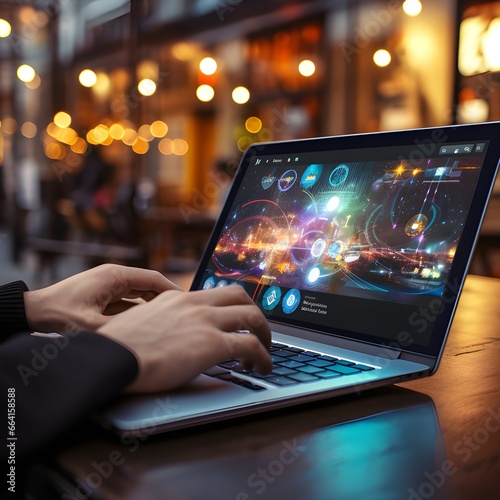 Man's Hand Using Tablet Pad for Social Media Marketing on Laptop | Futuristic Business and Technology Concept