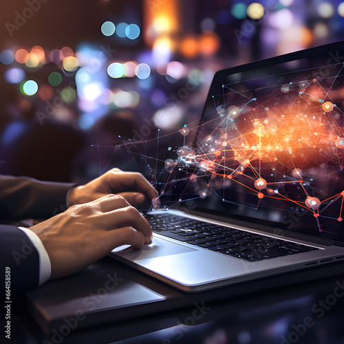 Close-Up of Man's Hand Using Tablet Pad on Laptop for Futuristic Social Media Marketing Icon | Internet Network Technology and Business Concept