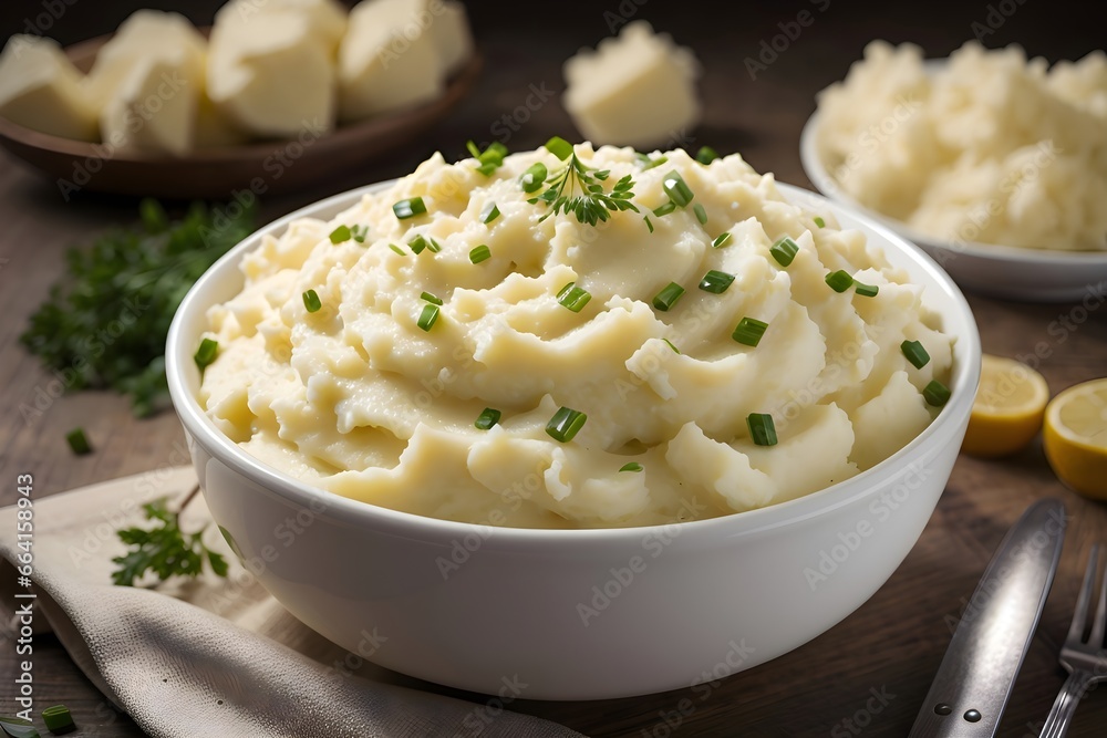 Festive Christmas dinner with creamy mashed potatoes on a beautifully set table. Festive Christmas dinner with creamy mashed potatoes on a beautifully set table.