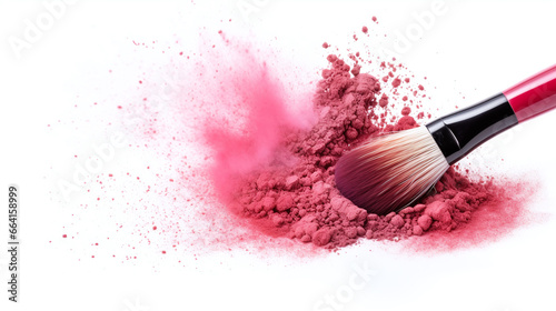 Loose face powder with a makeup brush on white background.
