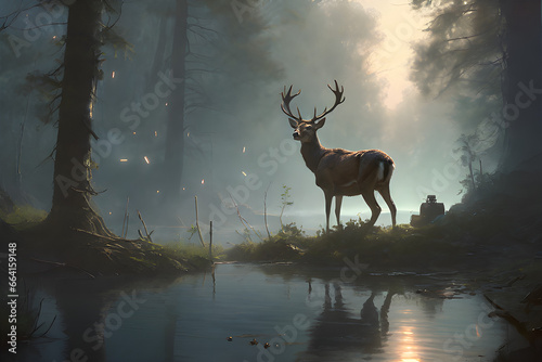 dawn,forest,sing,Fog, windless,deer,animals brilliant,fairy. summer,lake,Generative AI