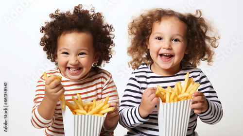 Children eating french fries or potato chips. photo