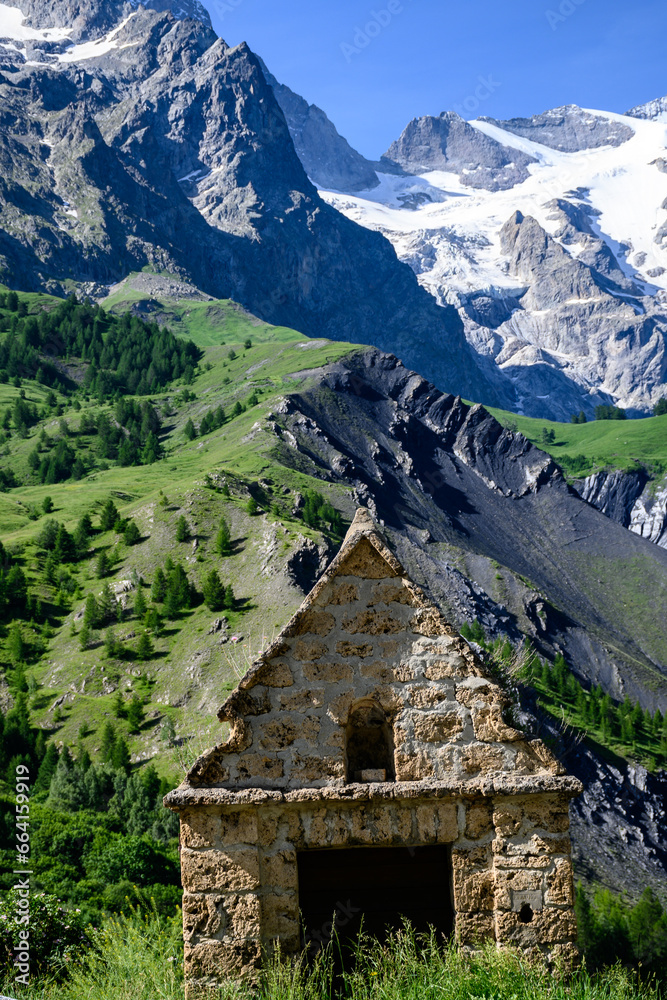 La Grave, village in Hautes-Alpes department in southeastern France, small ski resort with off-piste for extreme skiers in French Alps, dominated by mountain peak La Meije in summer