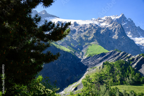 La Grave La Meije Ski off-piste resort, unique in Alps with single groomed slope on the glacier, freeride, view on peak La Meije, Massif des Ecrins, Hautes Alpes, France in summer