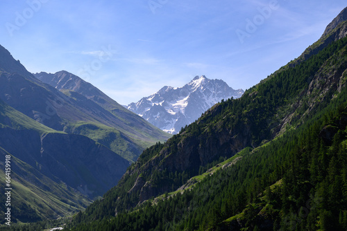Mountains view between La Grave freeride ski village and Col du Lautaret, Massif des Ecrins, Hautes Alpes, France in summer