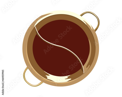 Plain hot pot. Isolated two flavour hot pot soup on white background. Top view chalu pot vector illustration, golden brass pot separated two side for soup.Kitchen ware, anime cooker.