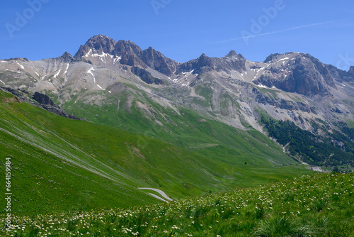 Mountains and alpine meadows views near Col du Lautaret, Massif des Ecrins, Hautes Alpes, France in summer