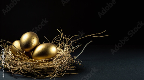 Golden egg in a nest on a dark background.