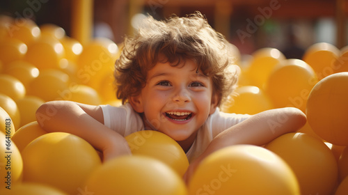 Fun kids at the playground. Cute and happy boy smiling playing with a colorful balls. photo