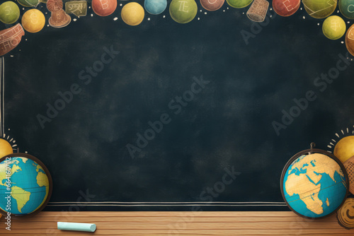 学習・学校・教育環境をイメージさせる黒板や地球儀・チョークが描かれた背景