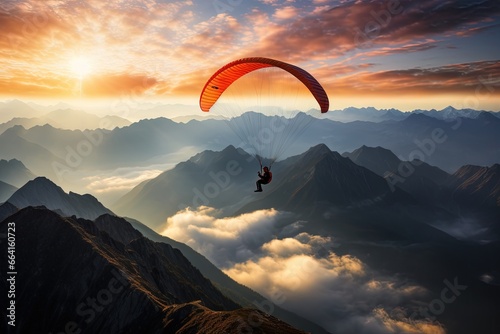 Paragliding with Para-motor at sunset mountain with amazing view Generative AI