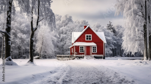 Winter Tale. Red Finnish cottage in a beautiful snow forest.