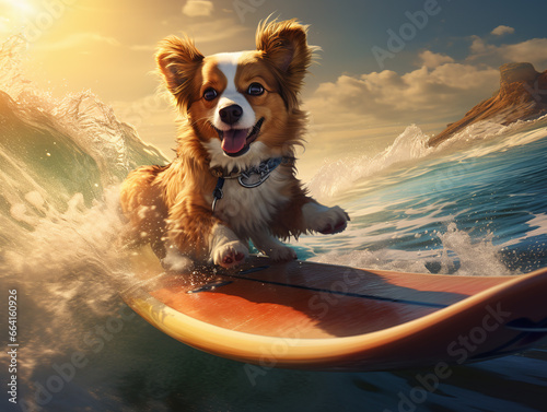 A dog surfing on surfboard wearing sunglasses. © Shanorsila