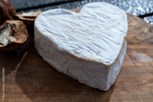 Cheese collection, French cheese from Normandy region, heart-shaped neufchatel close up