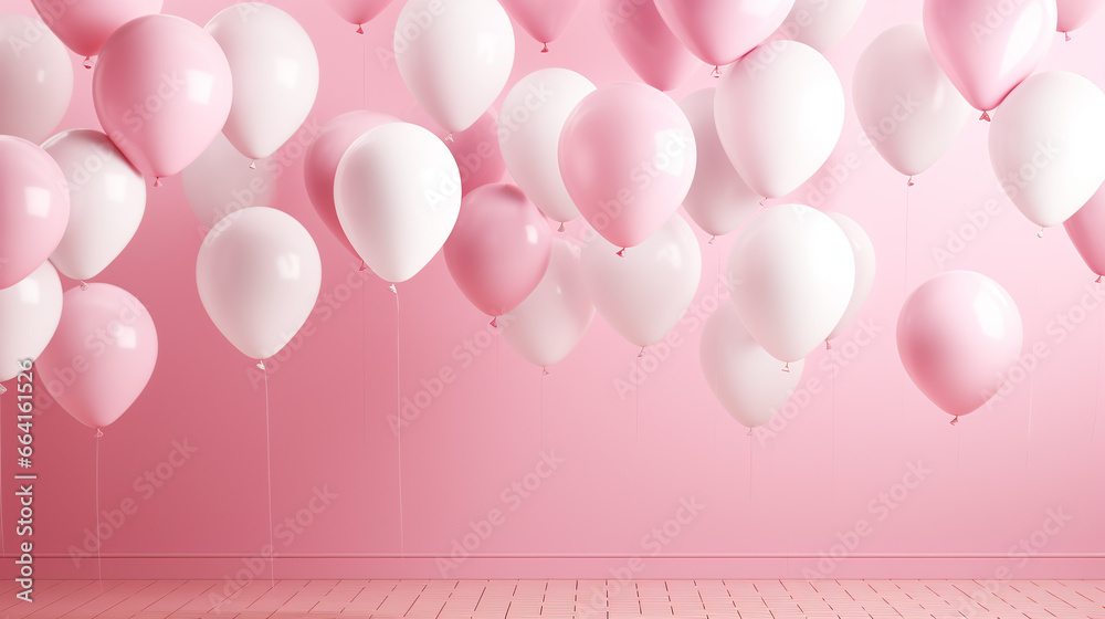White and pink baloon on pastel pink background with copy space.