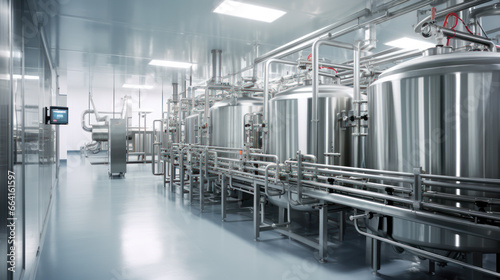 Equipment dairy plant, milk factory industry. Stainless steel storage and processing tanks.