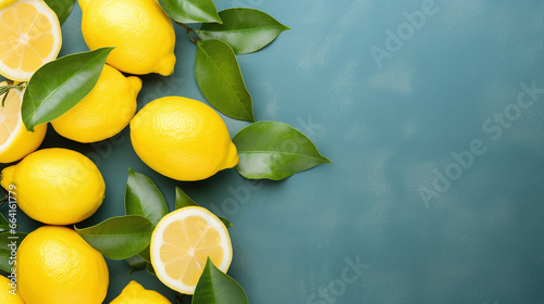 Whole and cut lemons with leaves isolated on green background with copy space.