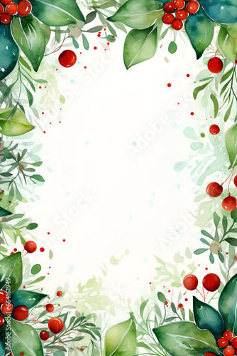 Aquarelle Christmas Card Design Holly and Ornaments Frame on White Canvas, Classic Red and Green Color Palette 