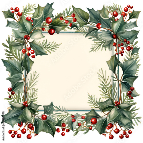 Elegantly Crafted Watercolor Christmas Frame with Holly, Ornaments, and a Touch of Nostalgia 