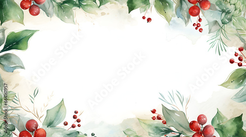 Classic Red and Green Watercolor Christmas Card with Holly and Ornaments Border on Shaped Canvas
