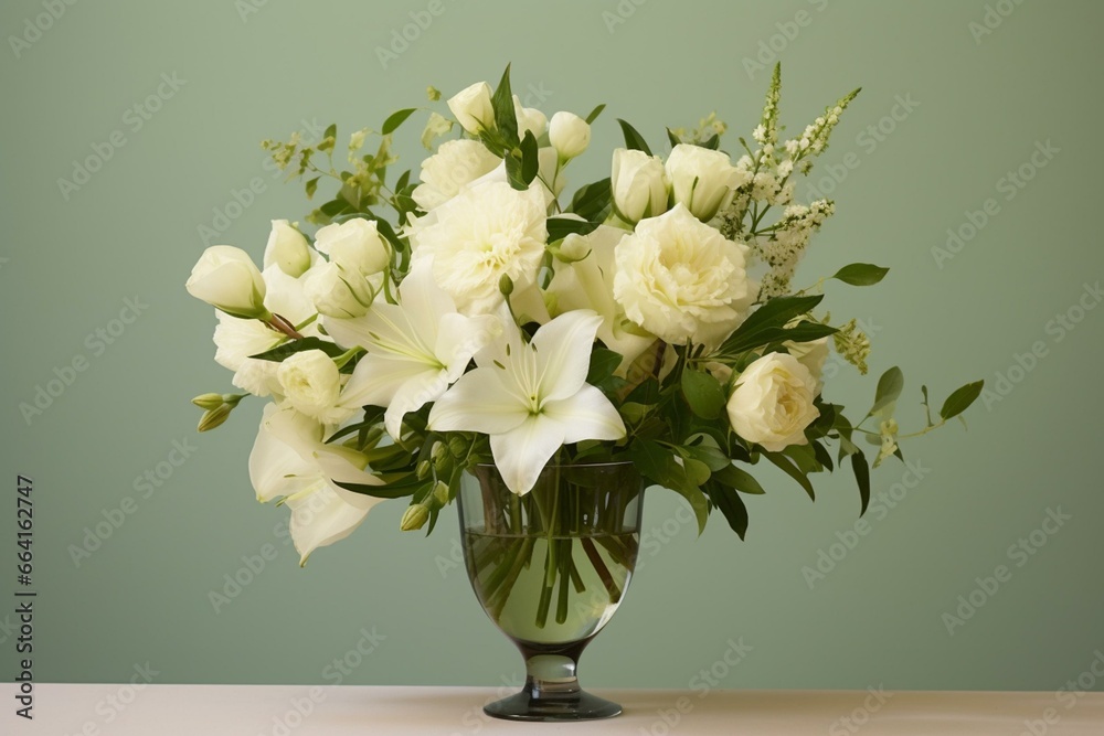 arrangement of white flowers in a clear vase. Generative AI