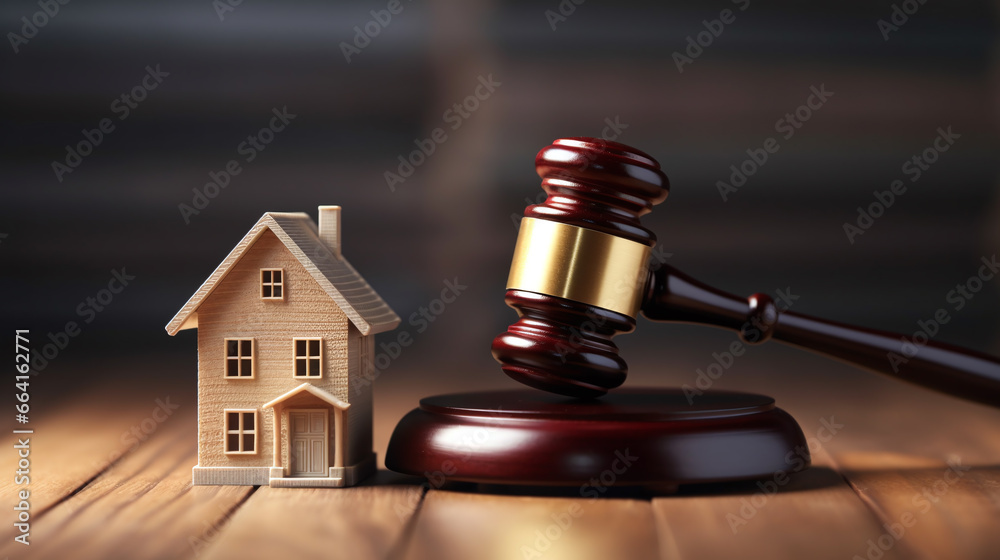 Concept of real estate auction, legal system and property division after divorce. Gavel and house model on a wooden background. Concept of real estate auction, legal system and property division after divorce. Gavel and house model on a wooden background.