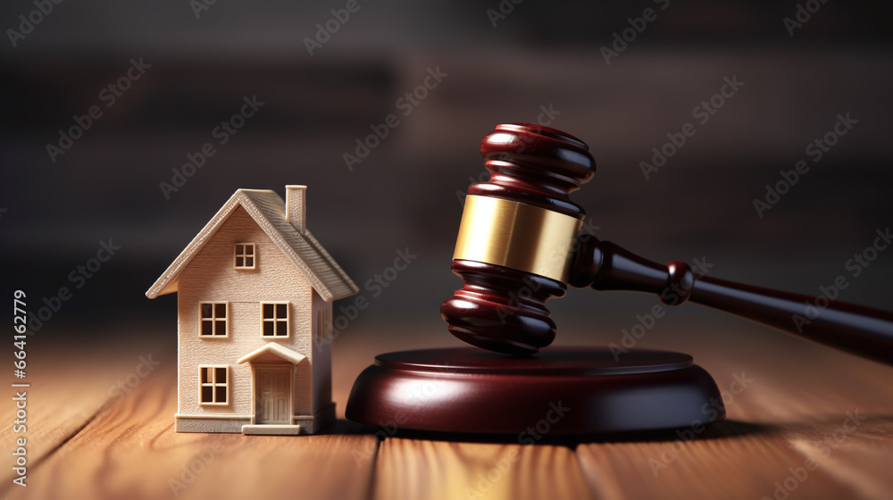 Concept of real estate auction, legal system and property division after divorce. Gavel and house model on a wooden background. Concept of real estate auction, legal system and property division after divorce. Gavel and house model on a wooden background.