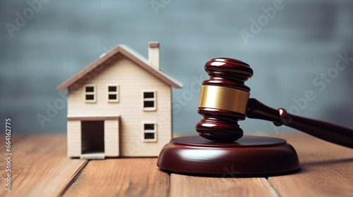Concept of real estate auction, legal system and property division after divorce. Gavel and house model on a wooden background.