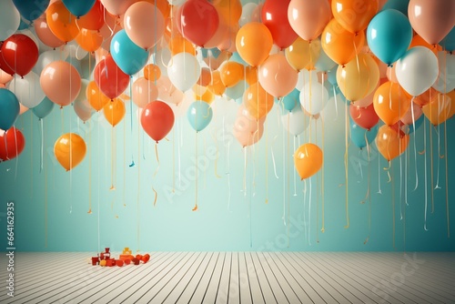 Retro celebration with vibrant balloons hovering above. Generative AI