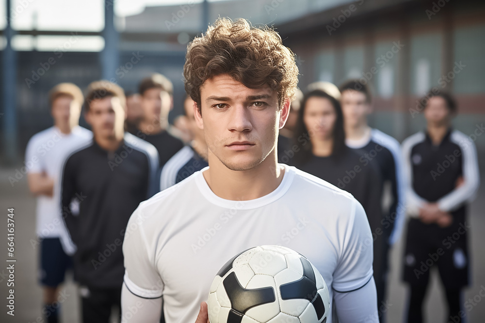 Fototapeta premium The portrait of a teenage male soccer player standing under sunlight at a football field stadium, Generative AI.