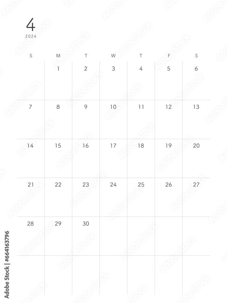 2024年4月April　シンプルカレンダー 祝日表記なし - obrazy, fototapety, plakaty 