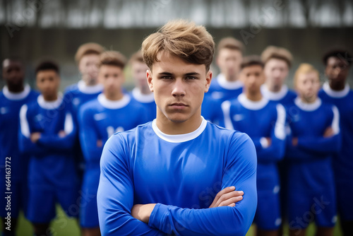 The portrait of a teenage male soccer player standing under sunlight at a football field stadium, Generative AI. photo