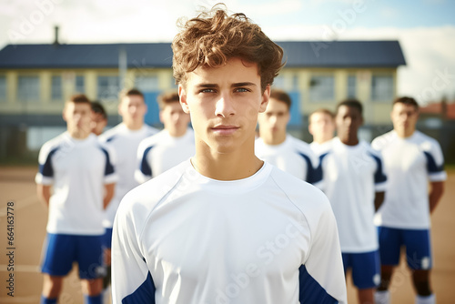 The portrait of a teenage male soccer player standing under sunlight at a football field stadium, Generative AI.