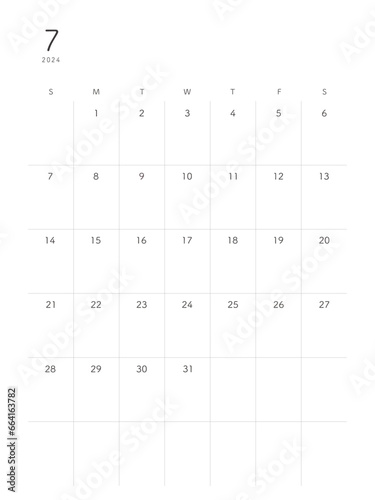 2024年7月July シンプルカレンダー 祝日表記なし