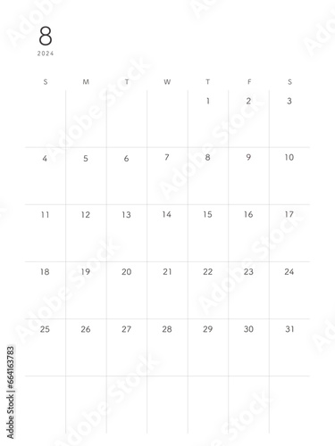 2024年8月August シンプルカレンダー 祝日表記なし