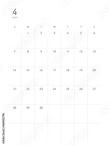 2024年4月April　シンプルカレンダー 祝日表記なし
