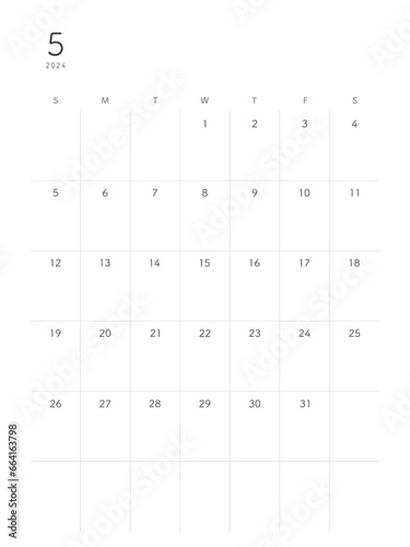 2024年5月may シンプルカレンダー 祝日表記なし