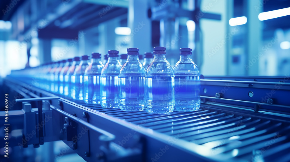 Conveyor belt, juice in bottles on beverage plant or factory interior in blue color, industrial production line 