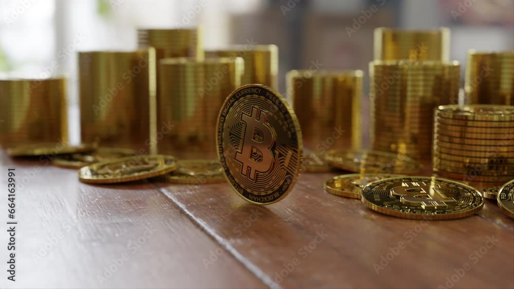 Focus on a single bitcoin spinning on a wooden table and stacks of bitcoins behind it