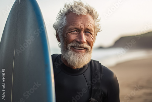 A portrait of an old man surfer in a modern  full body swimsuit with a surfboard standing at the beach in a daytime, Generative AI.