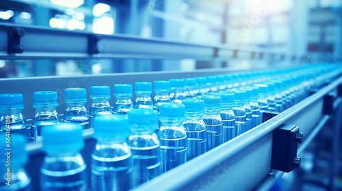 Conveyor belt, juice in bottles on beverage plant or factory interior in blue color, industrial production line 
