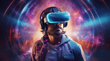 Concept of future digital technology metaverse gaming and entertainment. A man using VR virtual reality glasses.