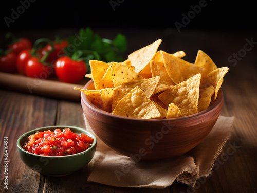 Mexican nacho chips and salsa dip sauce on wooden table