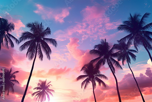 Coconut Palm Tropical Trees Background in Blue Pink Sunset Colors - Vintage Style Tropical Beach and Summer Background, High Angle Shot of Exotic Paradise with Palm Tree Silhouettes © SueFox