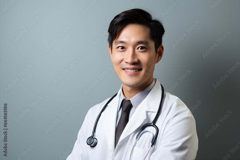 portrait asian doctor the person is wearing a white lab coat grey colour background portrait asian doctor the person is wearing a white lab coat grey colour background