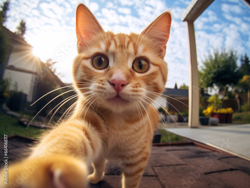 Point of view pov cute cat looking towards camera. photo