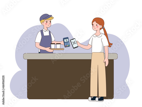 Customer use mobile cashless payment system or scan qr code. Characters using digital banking service and application Contactless pay. vector illustration
