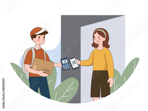 Woman client pay by scan qr code to courier delivering package by post. woman customer receive postal parcel order online from postman. Safe cashless payment, digital system technology concept.