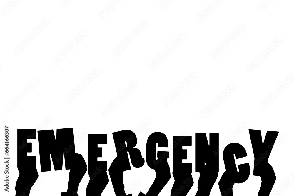 Digital png illustration of hands and emergency text on transparent background Digital png illustration of hands and emergency text on transparent background