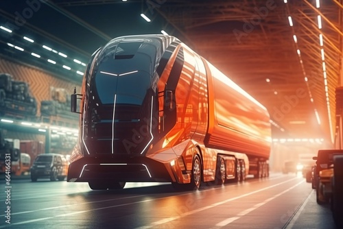 Modern truck with neon lights. The future of automated delivery. Delivery technologies. Truck delivering cargo in the night city. 3D rendering.
